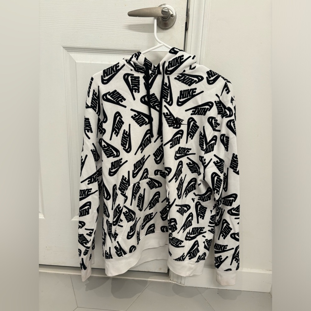 Nike White and Black Logo Hoodie Sweater